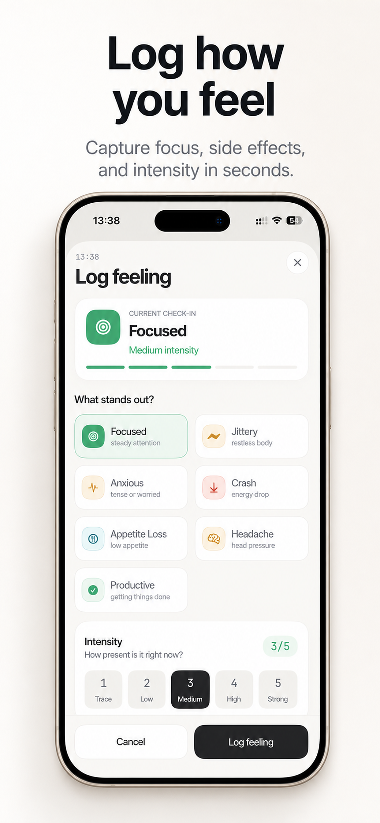 DoseArc feeling logging screen